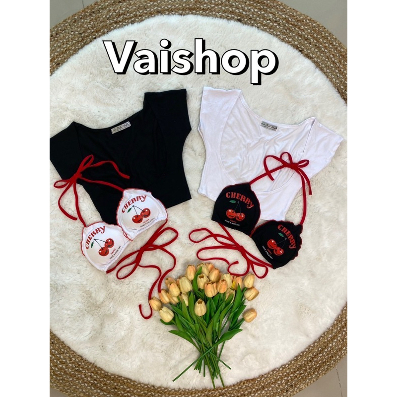 งาน 2 ชิ้น เสื้อครอป + สายเดี่ยวคล้องคอ ลายเชอร์รี่ น่ารัก แอบเซ็กซี่เบาๆ LB 10