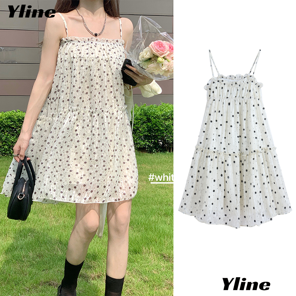 เดรสฝรั่งเศส เดรสลายดอกไม้ สายเดี่ยว สั้น หลวม สไตล์หวาน