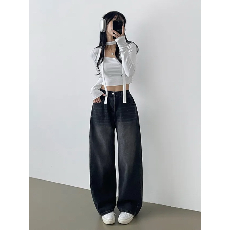 กางเกงยีนส์ขายาว เอวสูง ทรงกระบอก ผู้หญิง พร้อมส่งในไทย สไตล์ Baggy Jeans BunnyJ. - รูปที่ 3