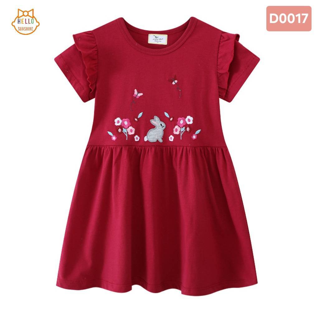 🐇พร้อมส่งจากไทย🌸 ชุดกระโปรง เดรสเด็กหญิงJumping Meters ผ้าคอตตอน เดรสสีแดงไวน์ ปักลายกระต่ายกับดอกไม้ผีเสื้อ