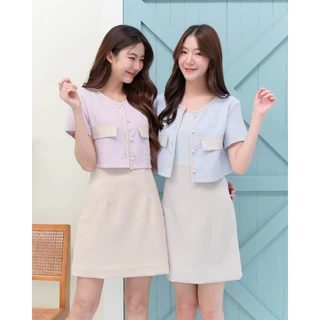 (XS-3XL) Zuzee dress - ชุดเดรสทำงาน ชุดทำงานผู้หญิง เดรสทูโทน ตัดต่อผ้าทวีดสวยหรูดูแพง - CRAYONBRAND