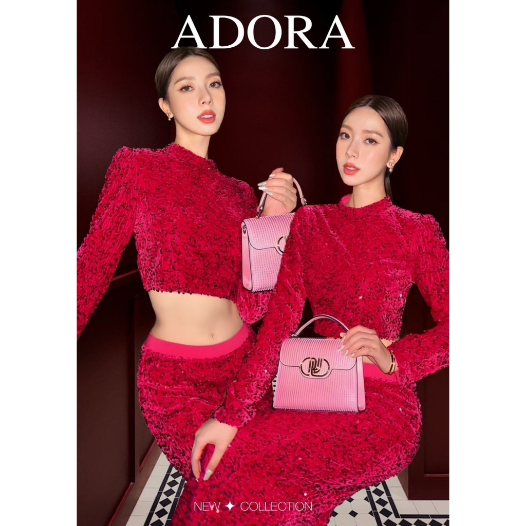 ADORA BRAND ADR006 ชุดเซต เสื้อครอปแขนยาวดีไซน์คอปีน แมทช์ กระโปรงทรงหางปลา