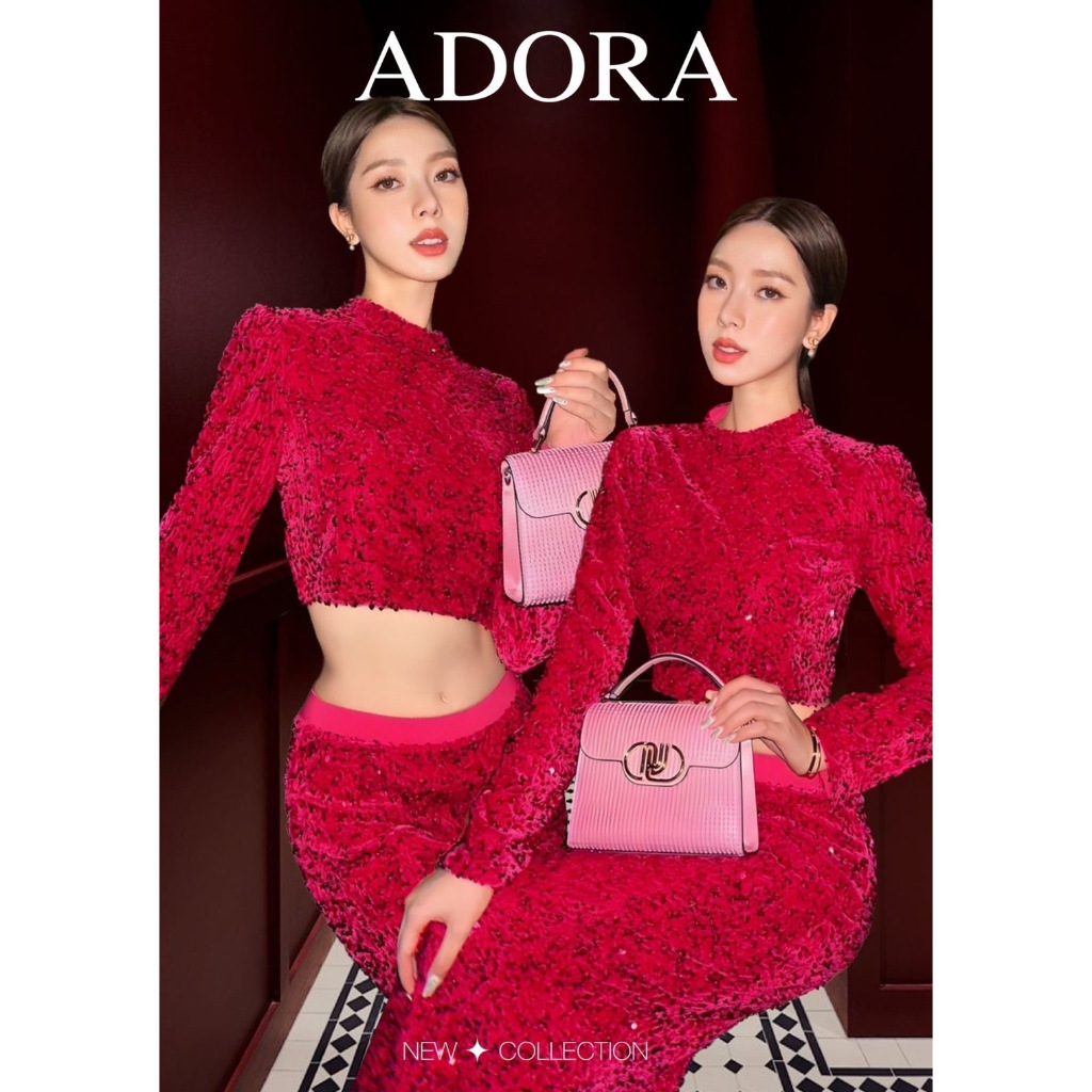 ADR006 ADORA BRAND Set เสื้อครอปแขนยาวดีไซน์คอปีน + กระโปรงทรงหางปลา [2PM]