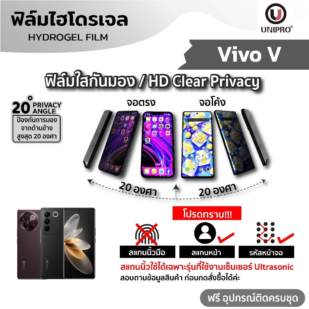 UniPro ฟิล์มใสไฮโดรเจลกันมอง (VIVO V) รุ่น V20 V21 V23 V23E V25 V27 V29 V30 V30E V40 Pro 5G
