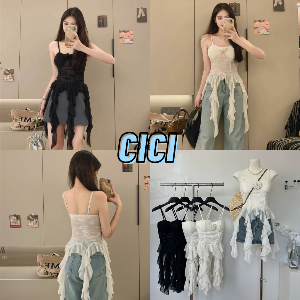 ส่งทันที Cici(NO. 1921) เสื้อสายเดี่ยวมีฟองน้ำ ผ้าตาข่ายยืด ปักดอกกุหลาบ ปรับสายได้แต่งชายระบาย สไตล์เวียดนาม