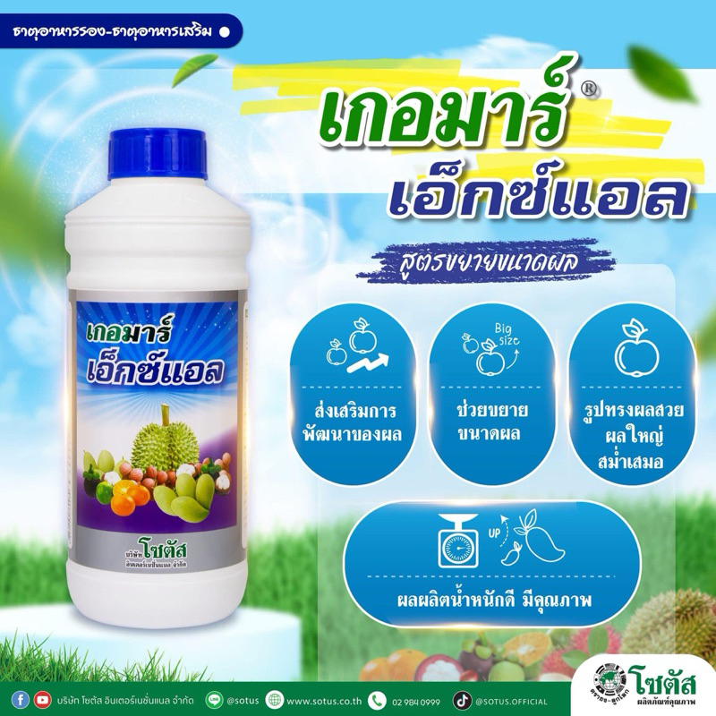[โซตัส] เกอมาร์ เอ็กซ์แอล ผลใหญ่ น้ำหนักดี มีคุณภาพ สังกะสี แมงกานีส ช่วยพัฒนาผลอ่อน เพิ่มน้ำหนัก ขนาด 1 ลิตร