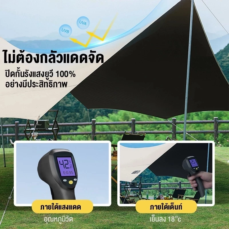 อุปกรณ์ครบชุด ฟลายชีท ผ้าใบ 3x3 3x4.5m เต้นท์แคมปิ้ง แถมฟรีถุ อุปกรณ์เดินป่าตั้งแคมป์ กันแดด กันฝน ฟรายชีท  พร้อมเสา2ต้น thumbnail 6