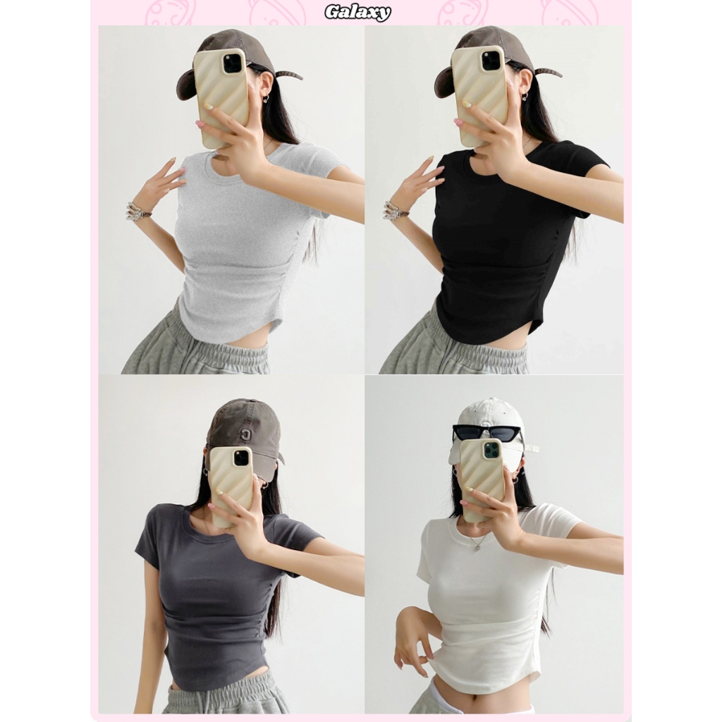 เสื้อครอป เสื้อยืดเเขนสั้น เข้ากับทุกสไตล์ได้ ชายโค้ง ใส่เเล้วดูผอม ยืดได้ #020267