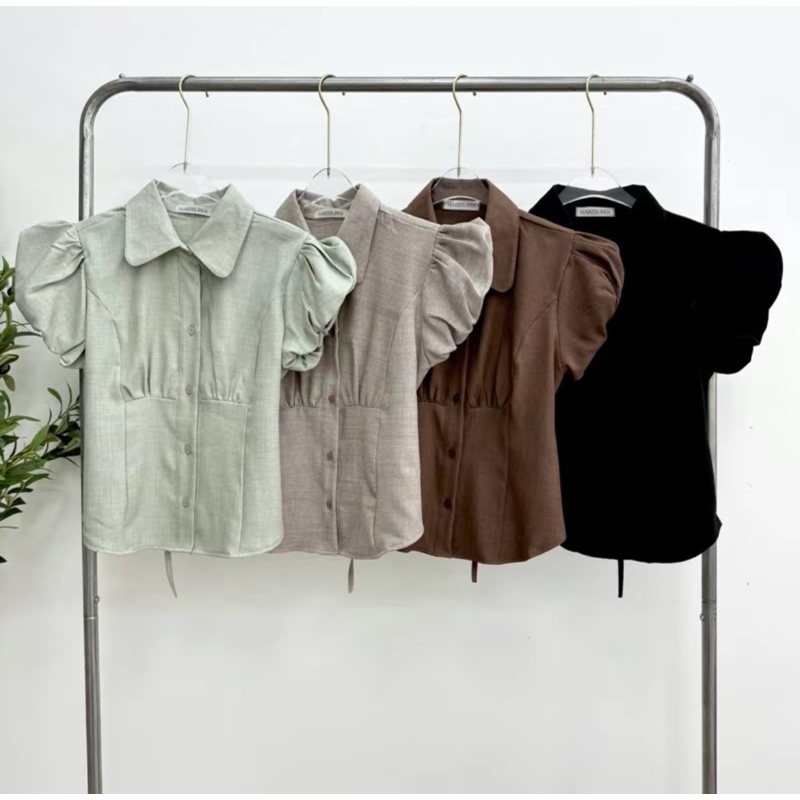 เสื้อเชิ๊ตคอปก แขนฟักทอง ผ้าสโนว์ ด้านหลังมีสายปรับเข้ารูป
