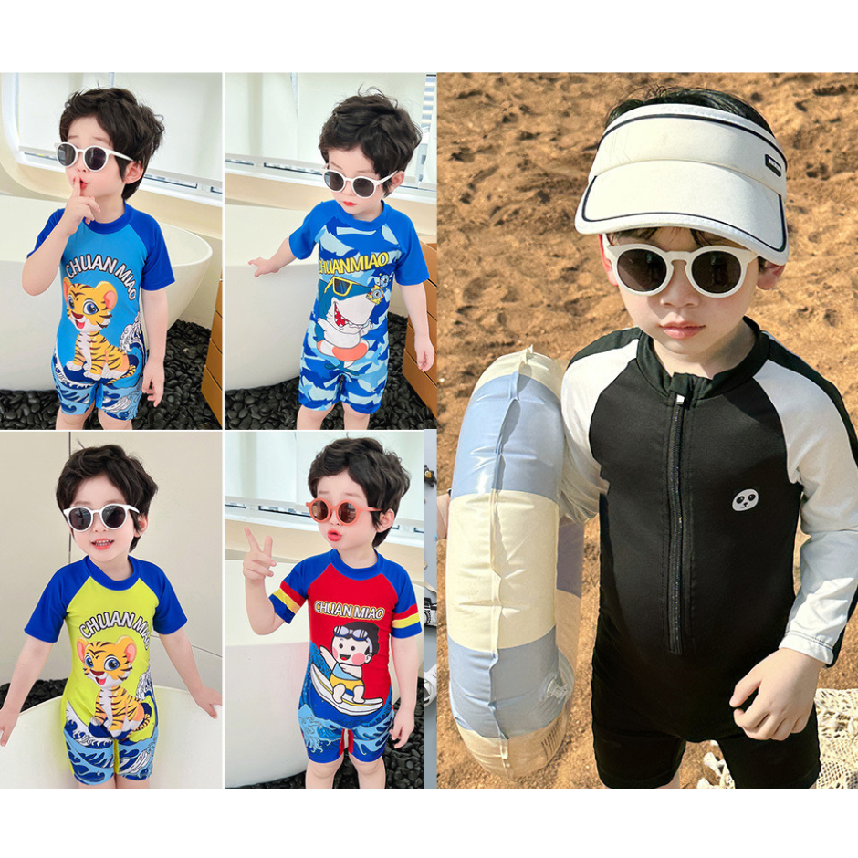 พร้อมส่งจากไทย ลายใหม่ น่ารักมาก ชุดว่ายน้ำเด็กชาย แบบแขนสั้นและแบบแขนยาว ความสูง 80-130 cm