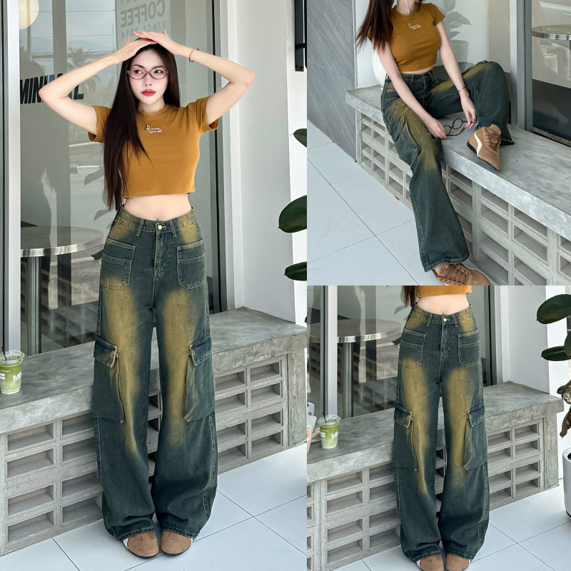 กางเกงยีนส์ ทรงขากระบอก แต่งกระเป๋าข้าง ใช้งานได้จริง 🌸 สไตล์เกาหลี งานฮิต รุ่น ยีนส์คาร์โก้810