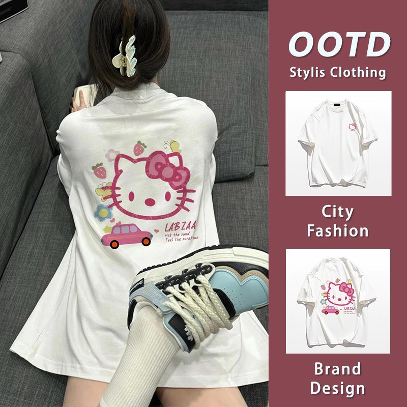 เสื้อยืดเเขนสั้นคอตตอนแท้ ใส่สบาย คอกลม น่ารัก เสื้อสตรี เสื้อยืดเกาหลี oversize Hello Kitty แฟชั่น 