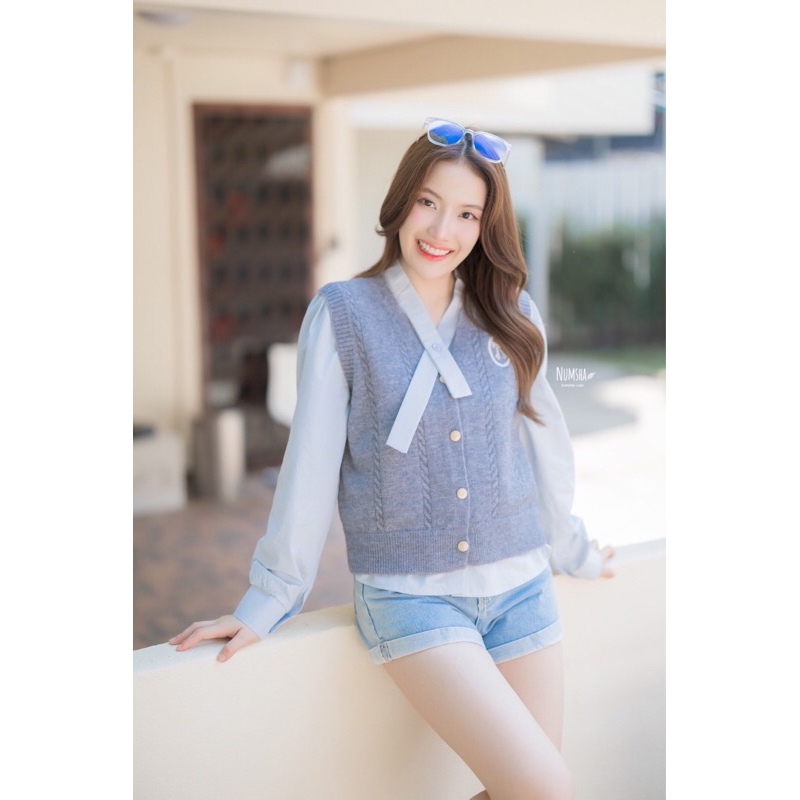 Numsha Brand เสื้อไหมพรมกั๊กโบว์คอ/NB24127