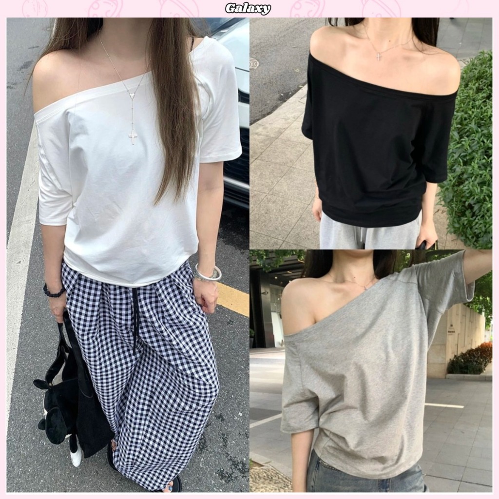 เสื้อยืดเปิดไหล่ เสื้อเเขนสั้นผู้หญิง ทรงหลวม ใส่ทำงานได้ ผ้านิ่ม เข้ากับทุกสไตล์ได้ #020272