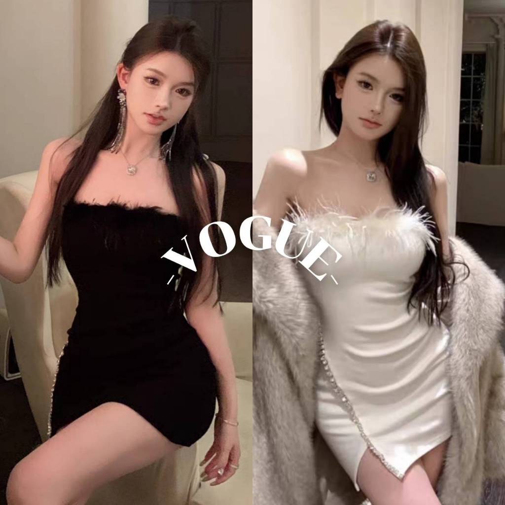 Vogue🌟พร้อมส่ง🌟 ชุดมินิเดรส เกาอก แต่งขนมุ้งมิ้ง ทรงรัดรูป เรียบหรูเวอร์ (FY2563)