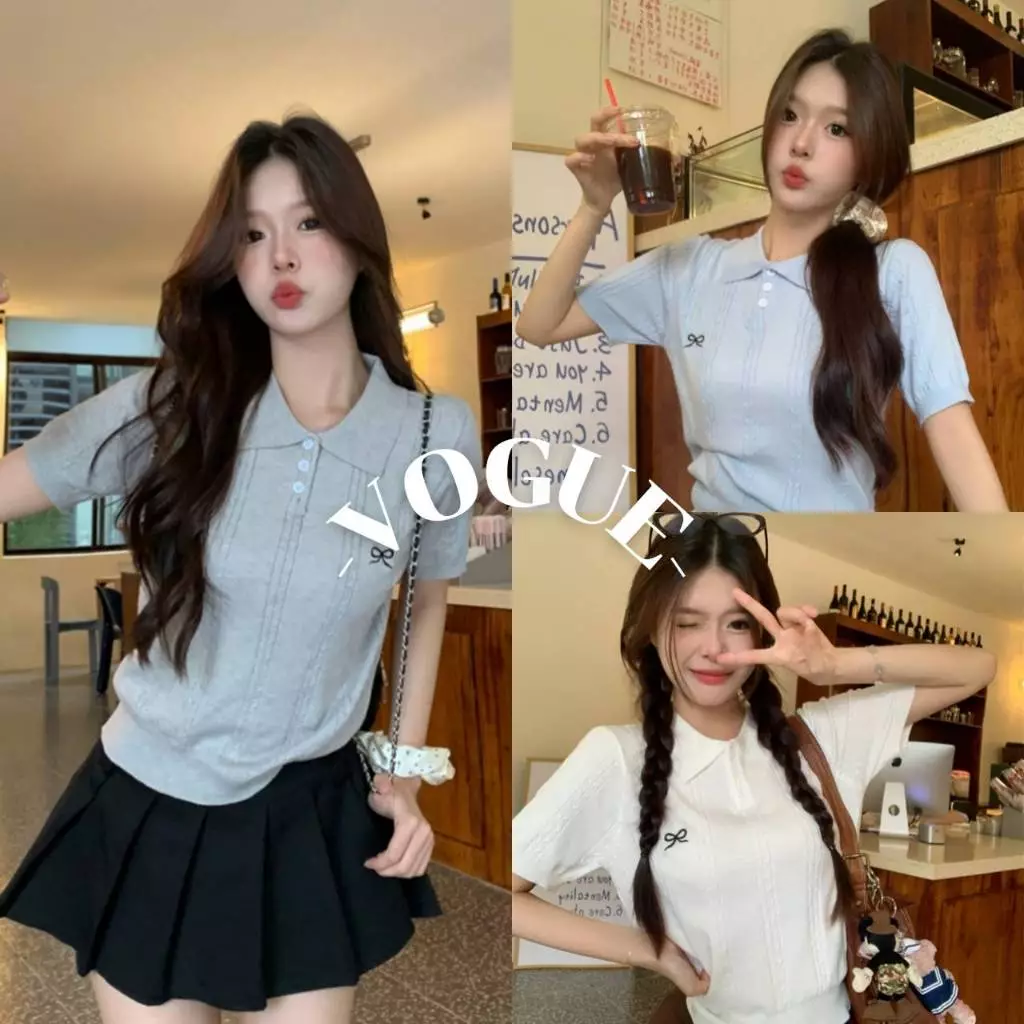 Vogue🌟พร้อมส่ง🌟 เสื้อครอปไหมพรม แขนสั้น คอปก ปักลายโบว์ ยืดพอดีตัว (YT23)