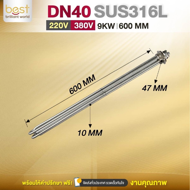 ฮีตเตอร์ต้มน้ำ/ฮีตเตอร์จุ่ม (Immersion Heater) SUS316L 9KW 220/380V DN40 (ยาว 600mm)