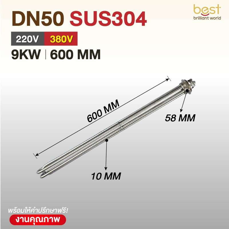 ฮีตเตอร์ต้มน้ำ/ฮีตเตอร์จุ่ม (Immersion Heater) SUS304 9KW 220/380V DN50 (ยาว 600mm)