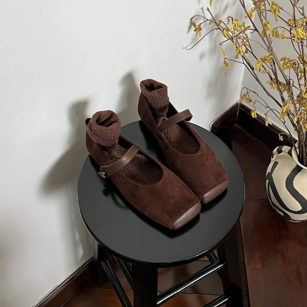 AS093 รองเท้าหนังกลับ รองเท้าสีน้ำตาล Suede Shoes Brown รองเท้าบัลเล่ต์