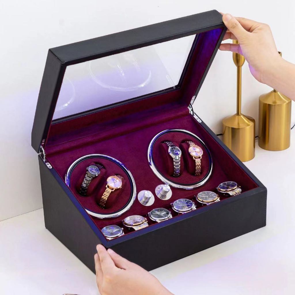 ไฟLED กล่องหมุนนาฬิกา 4+6 เรือน PUหนังคลาสสิก Watch Winder กล่องนาฬิกา เครื่องหมุนนาฬิกา