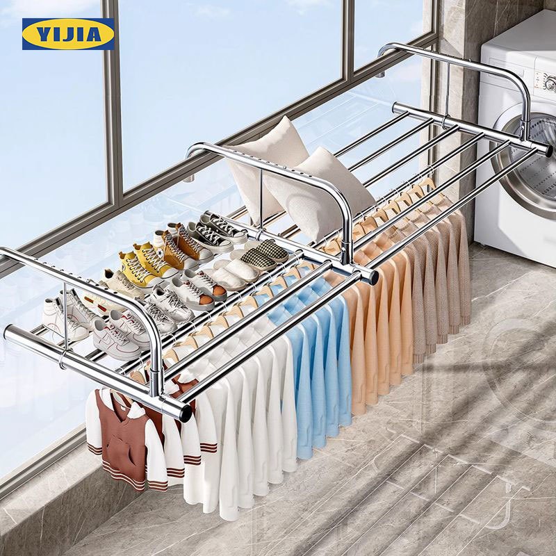 YIJIAราวตากผ้าสแตนเลส ราวแขวนระเบียง แขวนขอบระเบียงและหน้าต่าง พับได้ ไม่ต้องติดตั้ง ราวตากผ้าพับได้