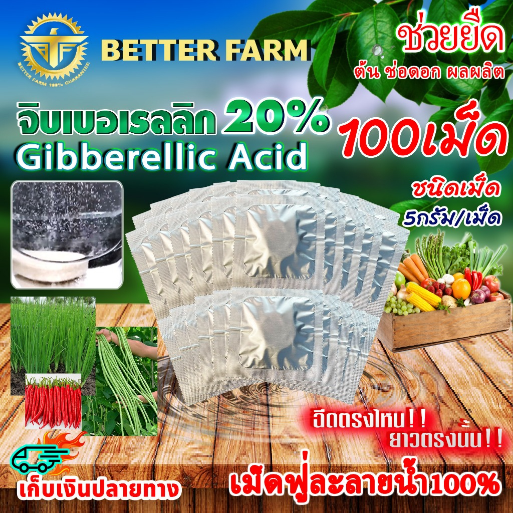 จิ๊บเม็ด จิบเบอเรลลิน Gibberellin จิบเบอเรลลิก แอซิด ชนิดเม็ด Gibberellic Acid 20% (GA3) เม็ดฟู่ ละลายน้ำ 100% / 100เม็ด