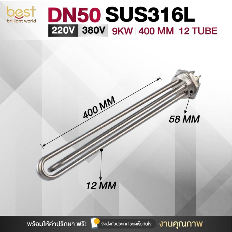 ฮีตเตอร์ต้มน้ำ/ฮีตเตอร์จุ่ม (Immersion Heater) SUS316L 9KW 220/380V DN50 (ยาว 400mm) 12tube