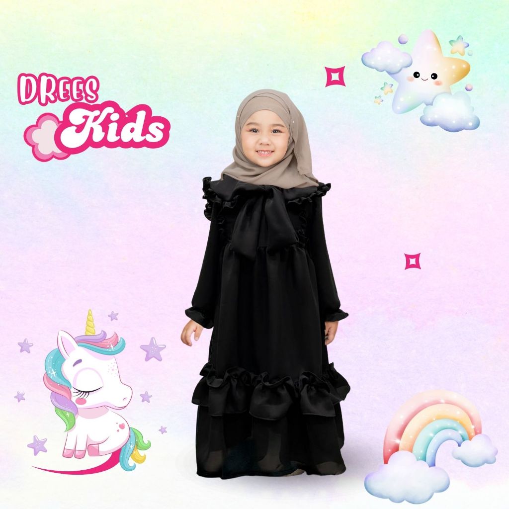 ชุดเดรสเด็กน่ารักมาก คอระบายโบว์ แขนยาวสม็อคใส่ง่าย   เนื้อผ้า formal black  GC39 รุสมีนีมุสลิม