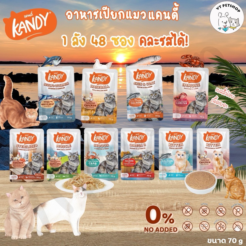 (48 ซอง) Kandy อาหารเปียกแมว สำหรับลูกแมว และแมวโต ตั้งแต่ 2 เดือนขึ้นไป ไม่ใส่เกลือ ขนาด 70 กรัม Ka