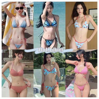 🍒Hot.bikini🍒ชุดว่ายน้ําสวยๆ ชุดว่ายน้ำ bikini swimwear ผูกคอ สไตล์เซ็กซี่ ลายเชอร์รี่ ลูกปัด ส่งจากไทย