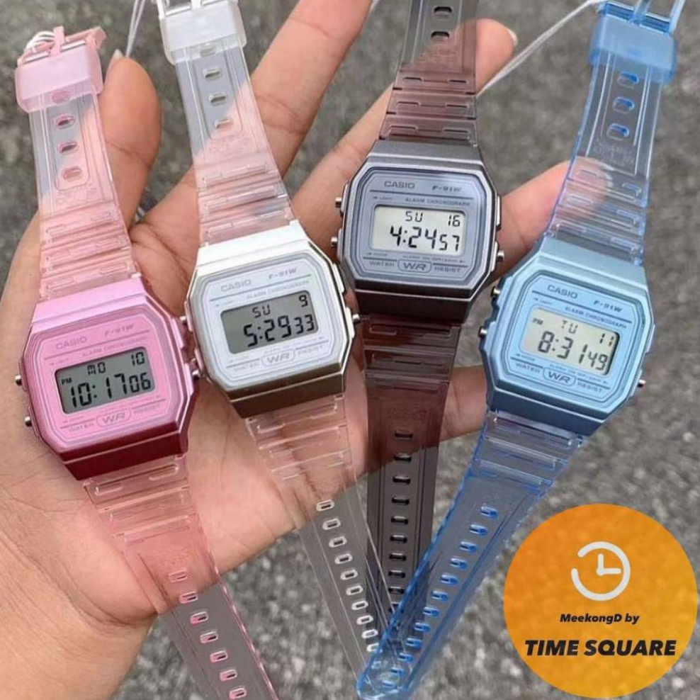 CASIO F-91WS หน้าปัด35มม. นาฬิกาหญิง นาฬิกาเด็ก ดิจิตอล สายเรซินใส กันน้ำ มีแสงสว่าง คาสิโอแท้ รับประกันศูนย์1ปี