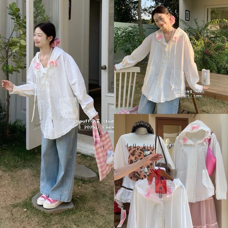 Chita 🛵Ribbon 🎀 White Hoodie  เสื้อฮู้ดผ้าคอตตอน สีขาว แพทเทิร์นน่ารัก ซัมเมอร์ ซัม 🤍มากๆค่ะ