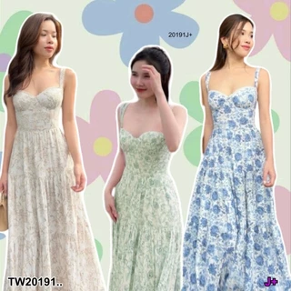 TwinsShopVip💗พร้อมส่ง TW20191 แมกซี่เดรสลายดอกไม้ ด้านหลังร้อยเชือกรัด ..