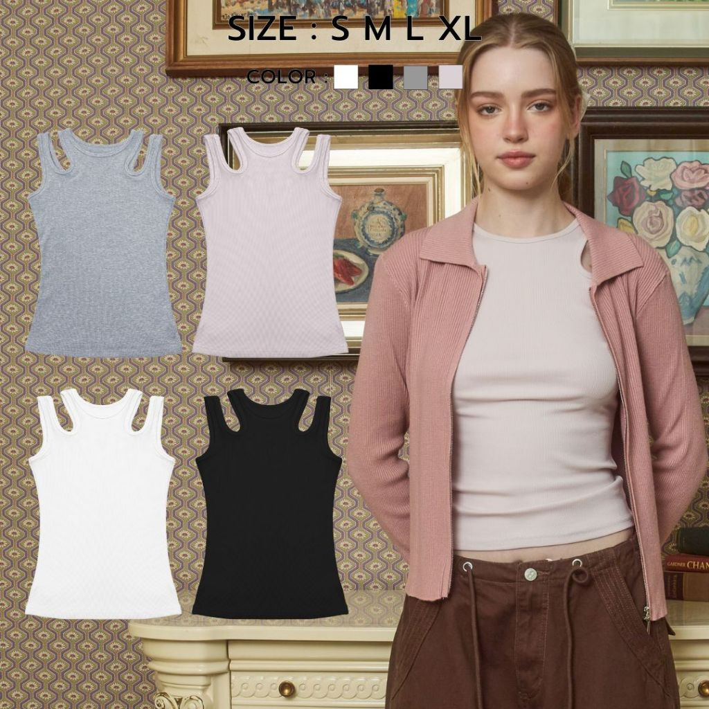 Bemingtop837(S-XL)-Quera tank เสื้อกล้ามสุดเก๋ ไม่ซ้ำใคร ดีเทล 4 สาย  โทนสีเรียบผ้ายืด