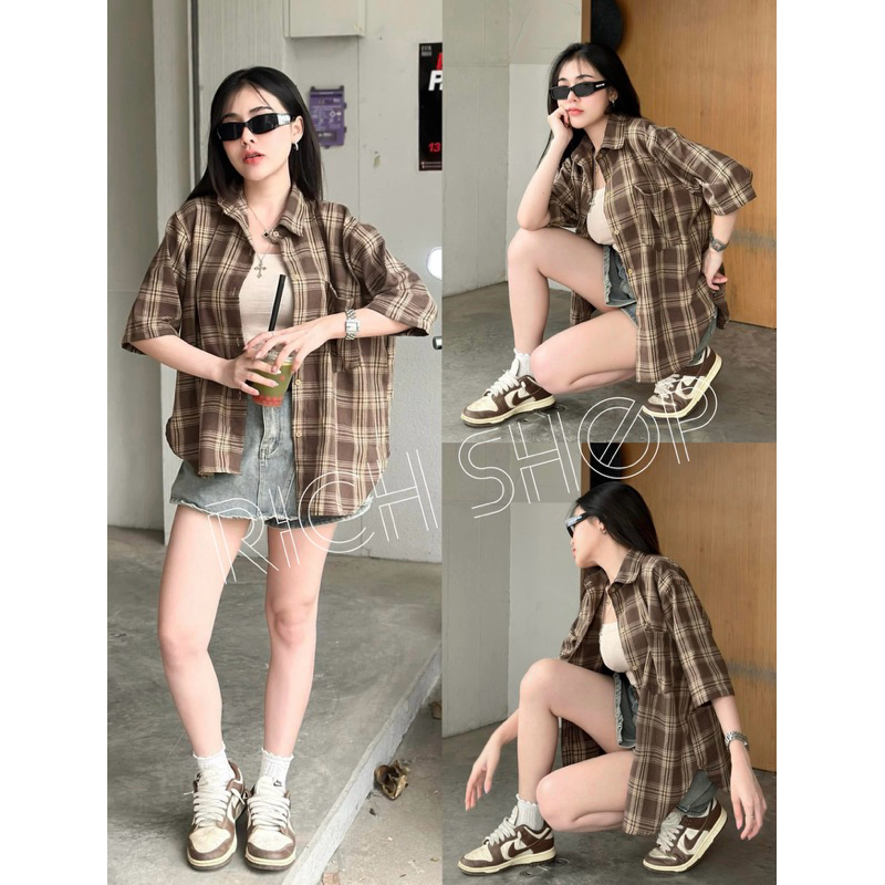 (อก 32-50“) เสื้อเชิ้ตแขนสั้น (ลายสก็อต) ✨ กระดุมหน้า แต่งกระเป๋า **ใส่เป็นคุมได้