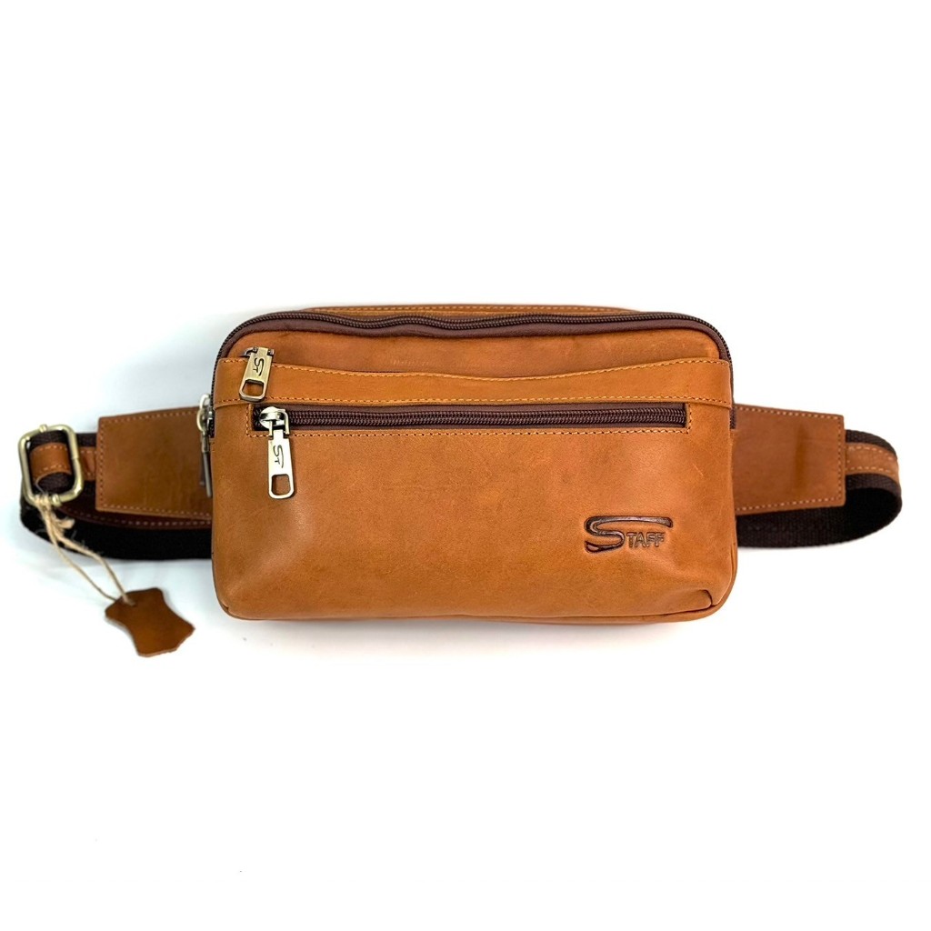 Chinatown leather กระเป๋าหนังวัวแท้สะพายหน้าอกหรือคาดเอวใหญ่ซิปยื่น STAFF