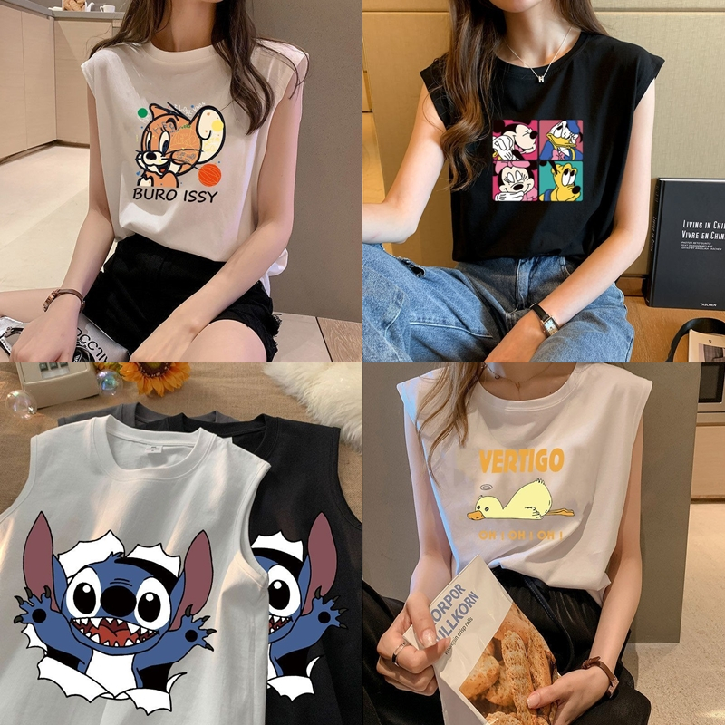 เสื้อแขนกุดผู้หญิง สกรีนลายการ์ตูน ขาว-ดำ พร้อมส่งจากไทย