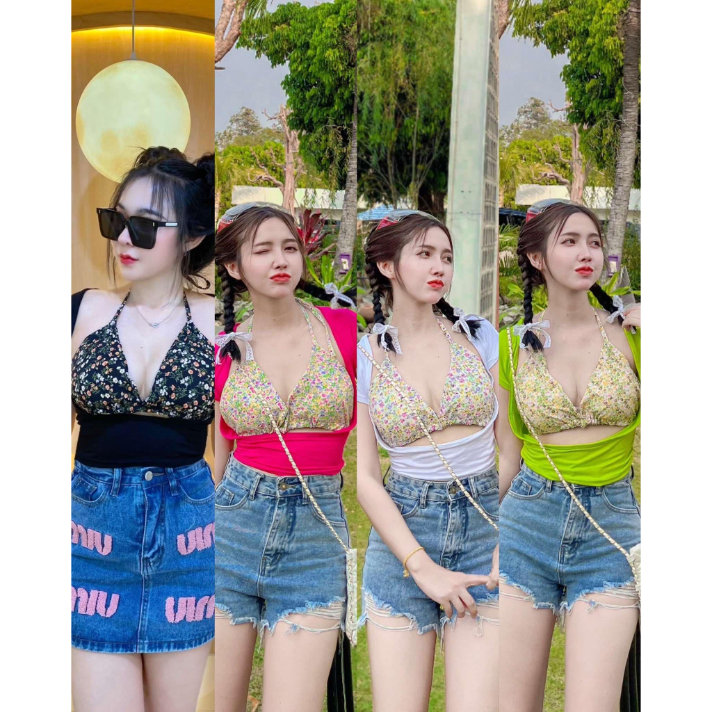 OT ชุดบราลายดอกคล้องคอ + เสื้อแขนสั้นแต่งเว้าหน้าผ้าคอตตอน (สงกรานต์นี้ ไม่มีไม่ได้ น่ารักสุดๆ)