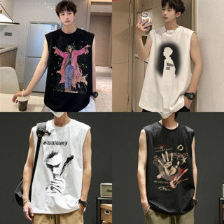 เสื้อแขนกุดผู้ชาย สกรีนลายเท่ๆ สีขาว สีดำ OP