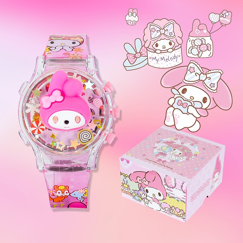 SANRIO นาฬิกา ซานริโอ คุโรมิ พร้อมกล่องของขวัญสําหรับเด็กผู้หญิงหมุนเรืองแสงเพลงนาฬิกาที่มีสีสันกระพริบเด็ก นํา นาฬิกาสํ