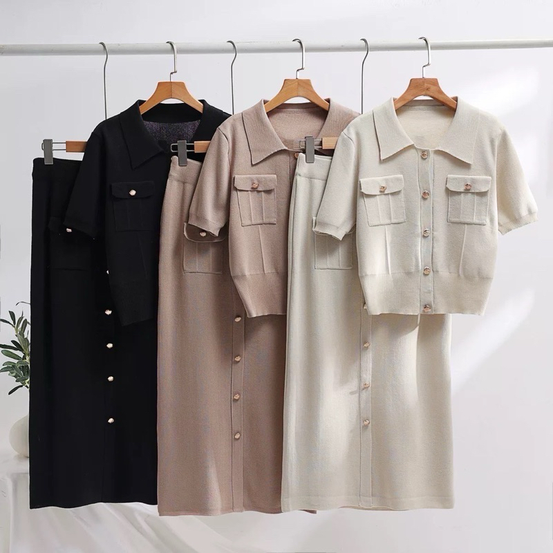 🌈🌿🌸🌼🌺🤎🧡🖤🇰🇷Knit Gold Button Short Sleeve Top&Long Skirt Set