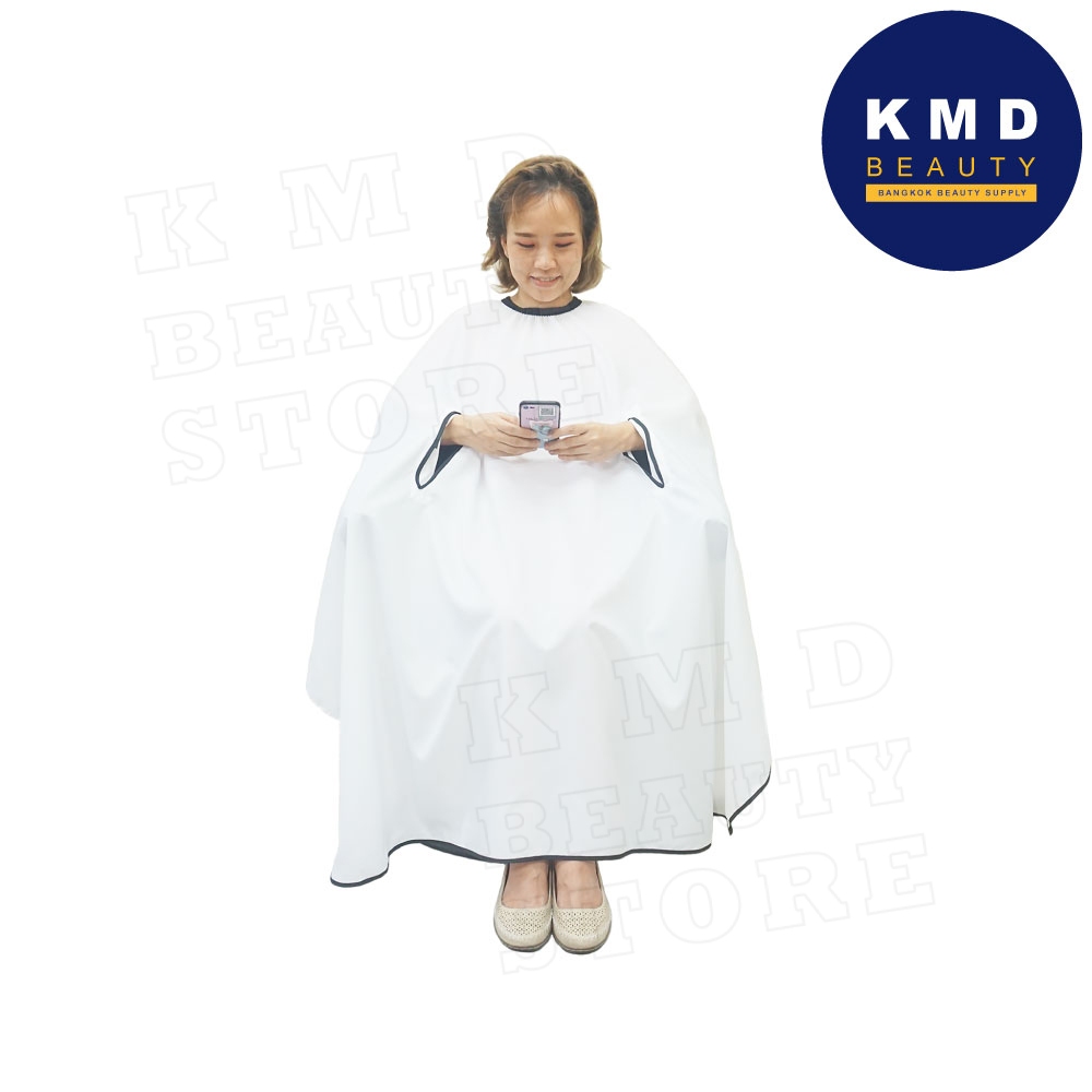 ผ้าคลุมทำผม แบบมีช่องมือ KMD สำหรับใช้มือถือได้สะดวก ใช้คลุมขณะทำผม กันเปื้อน ผ้าอย่างดี มีสีขาว/ดำ