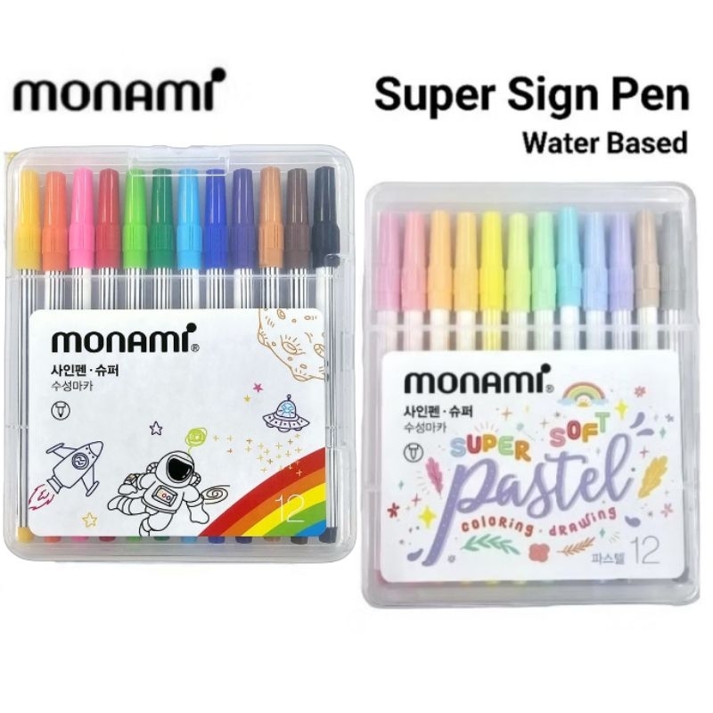 Monami ปากกาสีน้ำ 12 สี SUPER SIGN PEN Set ซูเปอร์ไซน์เพน ปากกาเมจิก ชนิดหัวกลม ขนาดเส้น 0.7 มม. โทนสี Basic และ Pastel