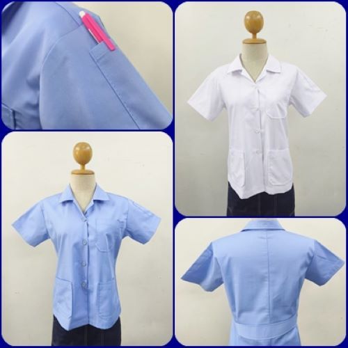 เสื้อช็อปหญิง สีฟ้าและสีขาว  เสื้อกาวน์ ซาฟารีหญิง สาธรณสุขสีฟ้า ไม่มีโลโก้ ผ้าค้อตต้อน ไม่ร้อนจากโรงงานในไทย
