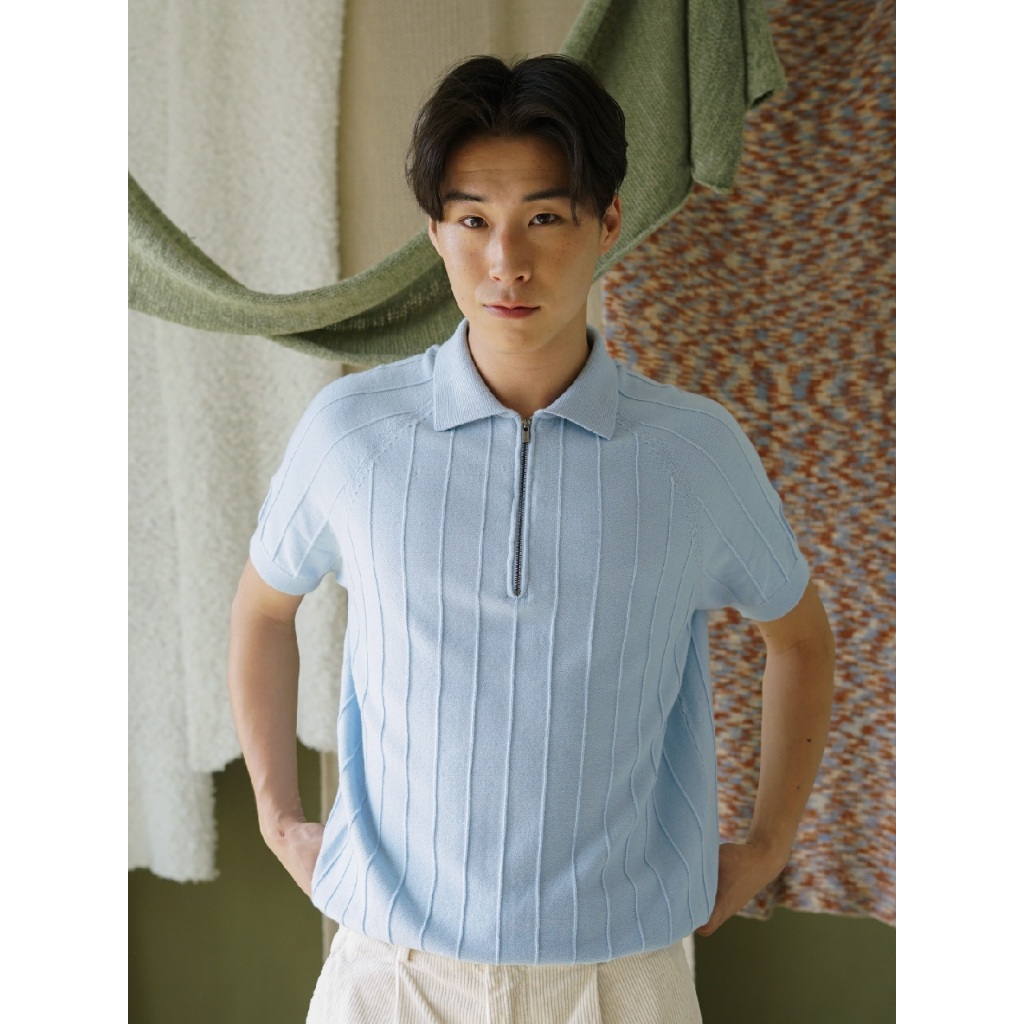 knitCircle - TIM Knit zipper Polo (3 สี) Men's collection เสื้อโปโลไหมพรมแขนสั้นมีซิปคอ ทรงพอดีตัว ลายทอแนวตั้ง