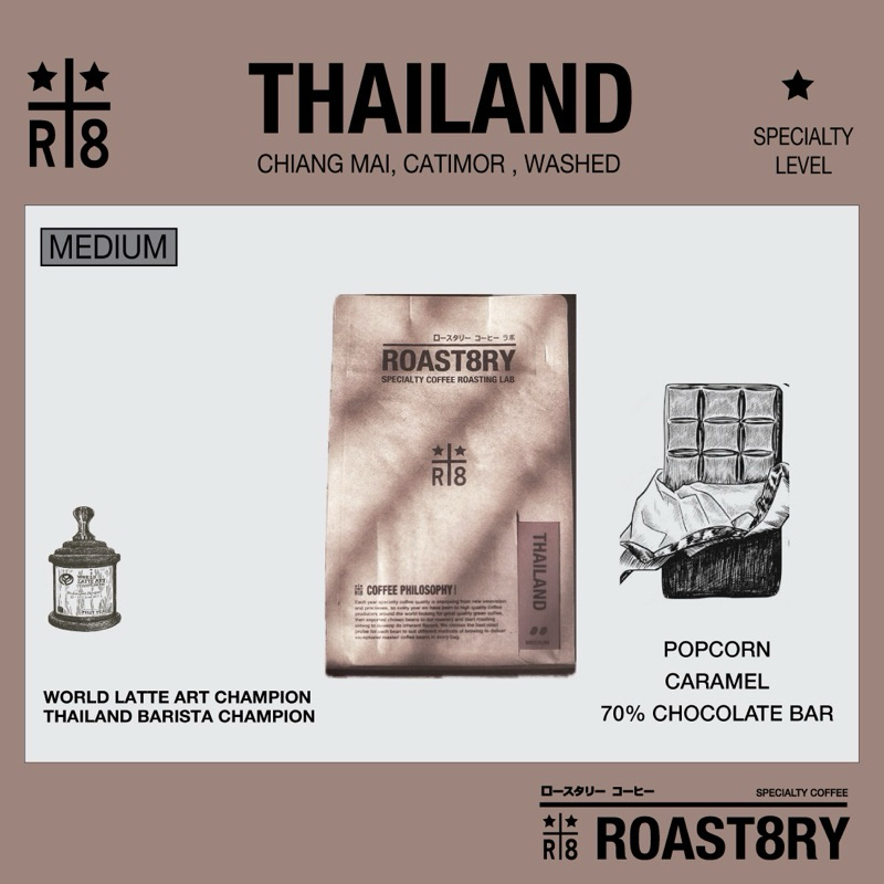 เมล็ดกาแฟ Thai คั่วกลางค่อนเข้ม โทน Caramel สำหรับ Mokapot และ กาแฟนม
