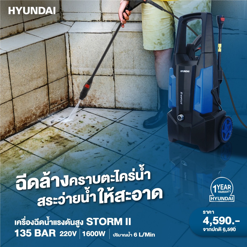 🔥ของแท้ ส่งด่วน ประกันศูนย์🔥 เครื่องฉีดน้ำ HYUNDAI  STORM II แรงดัน 135BAR 1600W ปั๊มแรงดัน