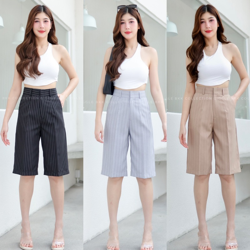 กางเกงขาสั้น4ส่วน ผ้าโซดา ลายริ้ว ซิปหน้า ตะขอ กระเป๋าสองข้าง S-3XL