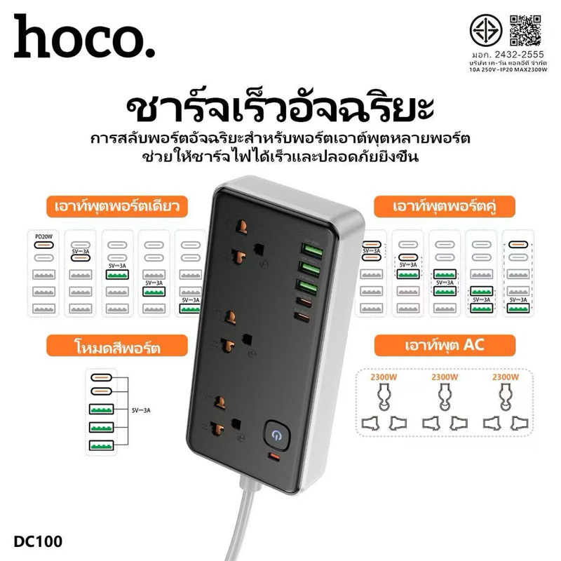 【ของแท้100% 】Hoco DC100Multifunctional safety socket USB-C+USB-A x 4+Socket x 3 สินค้ามีคุณภาพ หลายช
