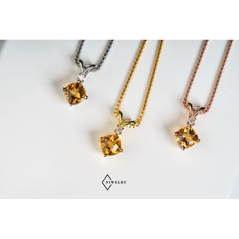 จี้พลอยซิทริน Citrine แท้ธรรมชาติ รุ่น Happy Cushion ประดับพลอยขาวแท้ธรรมชาติ ตัวเรือนเงินแท้ พร้อมใบรับประกัน